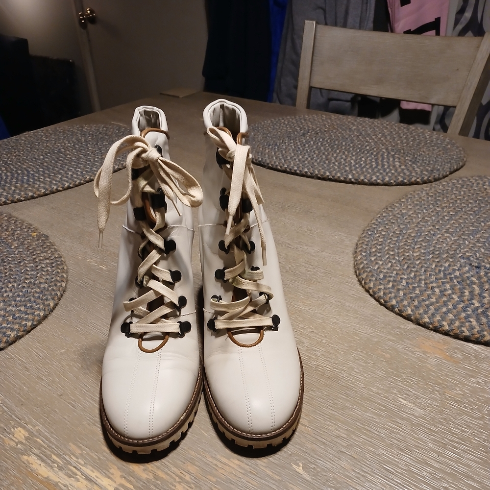 Women's Cream Lace-Up Coach Boots